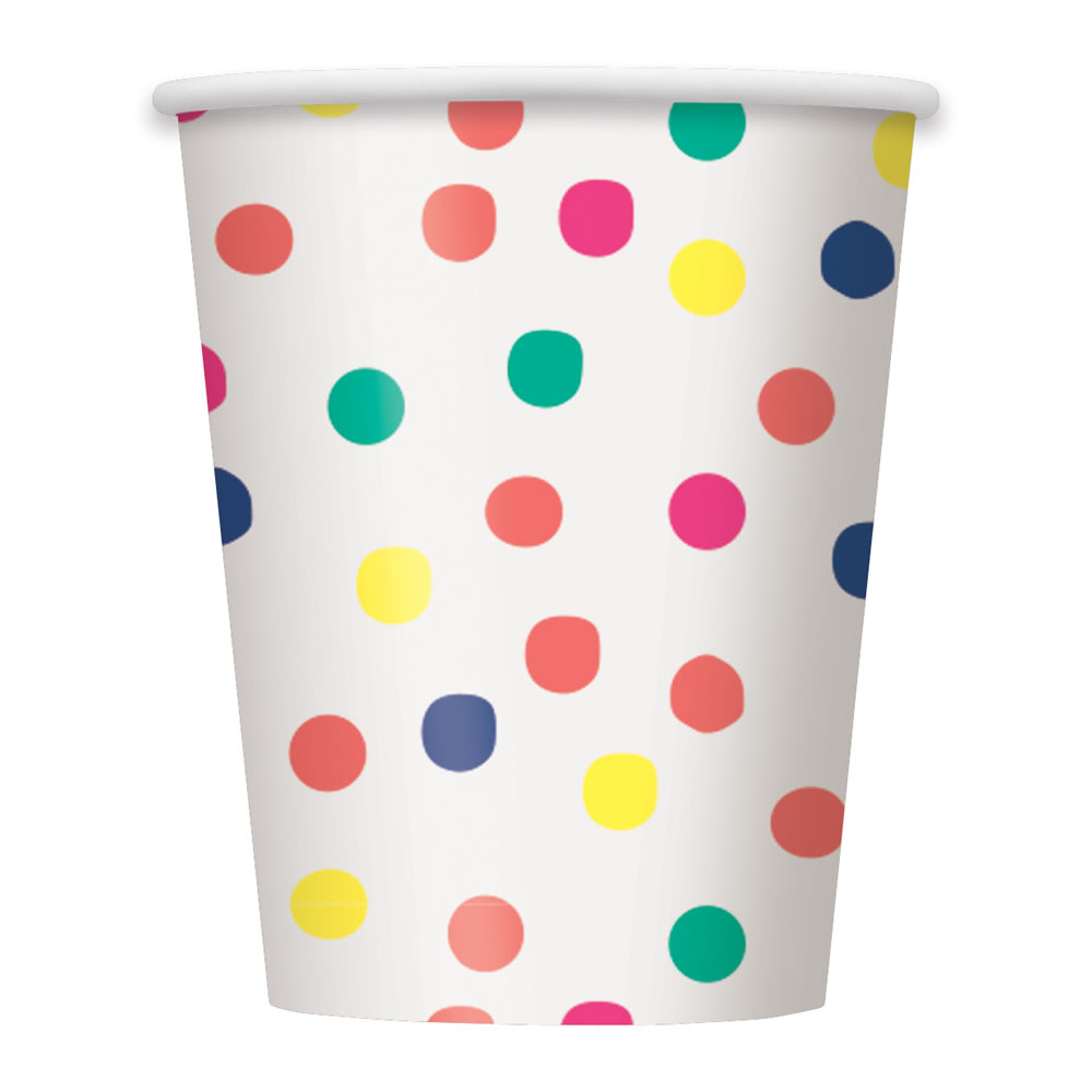 Wilko 9oz Hip Hip Hooray Polka Dot Paper Cups 8 pack Image