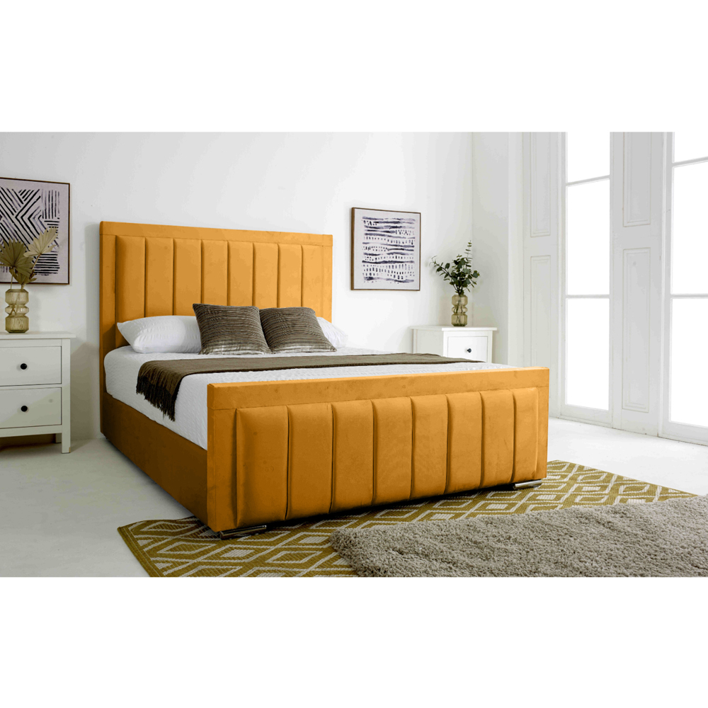 Eleganza Stylus Double Mustard Plush Velvet Bed Frame with Lined Headboard and Footboard Image 5