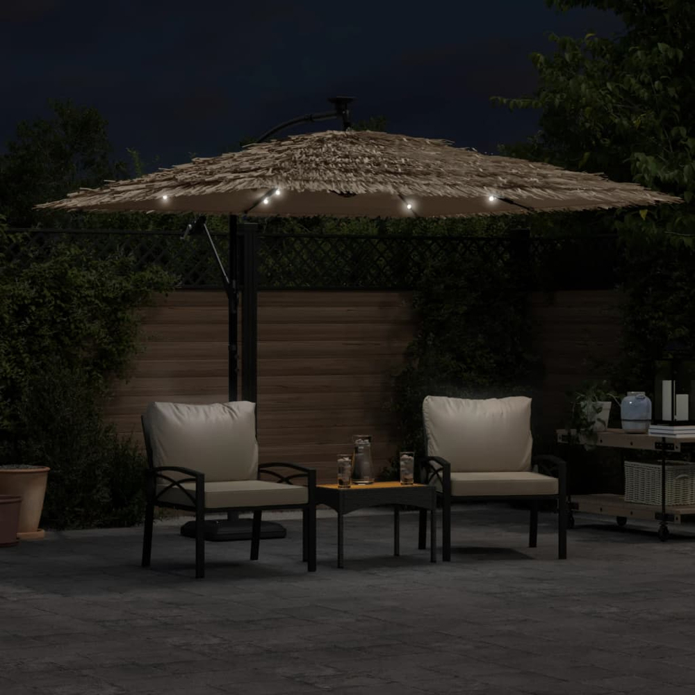 vidaXL Brown LED Light Straw Top Cantilever Parasol with Steel Pole 2.6m Image 2