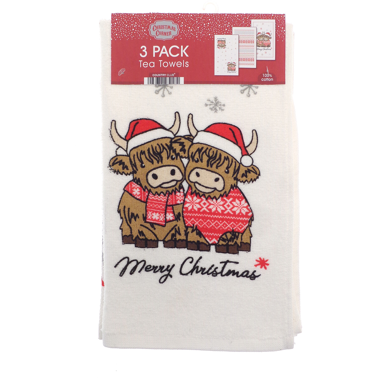 Pack of 3 Cow Print Merry Christmas Tea Towels Cream Image