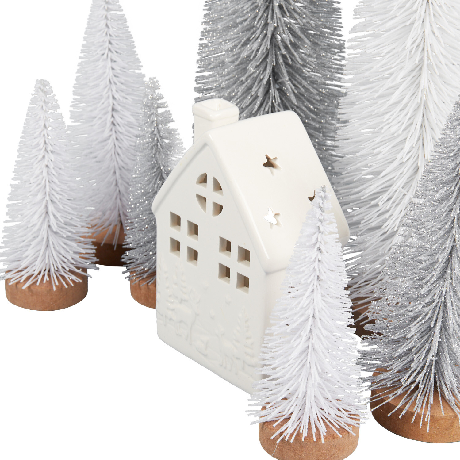 Silver and White LED Ceramic House and Tree Set - Silver and White Image 2