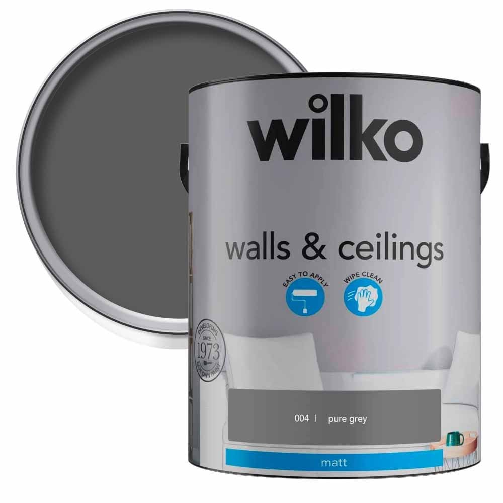 Wilko Walls & Ceilings Pure Grey Matt Emulsion Paint 5L Image 1