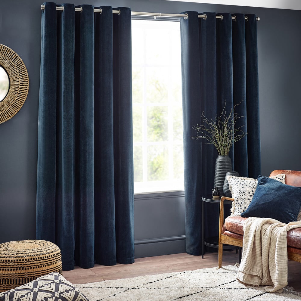 Yard Navy Heavy Chenille Velvet Eyelet Curtain 229 x 183cm Image 1