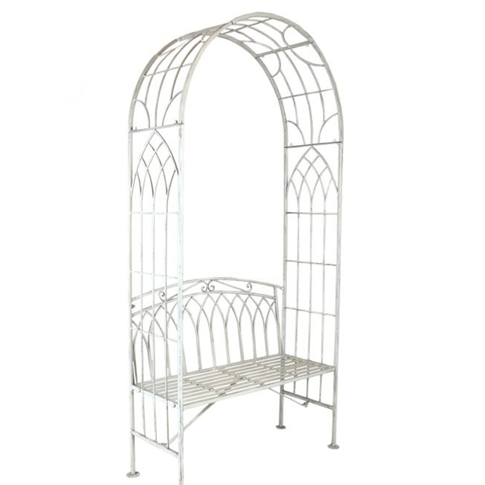 Charles Bentley 3.3 x 1.5ft White Wrought Iron Arch with Bench Image 2