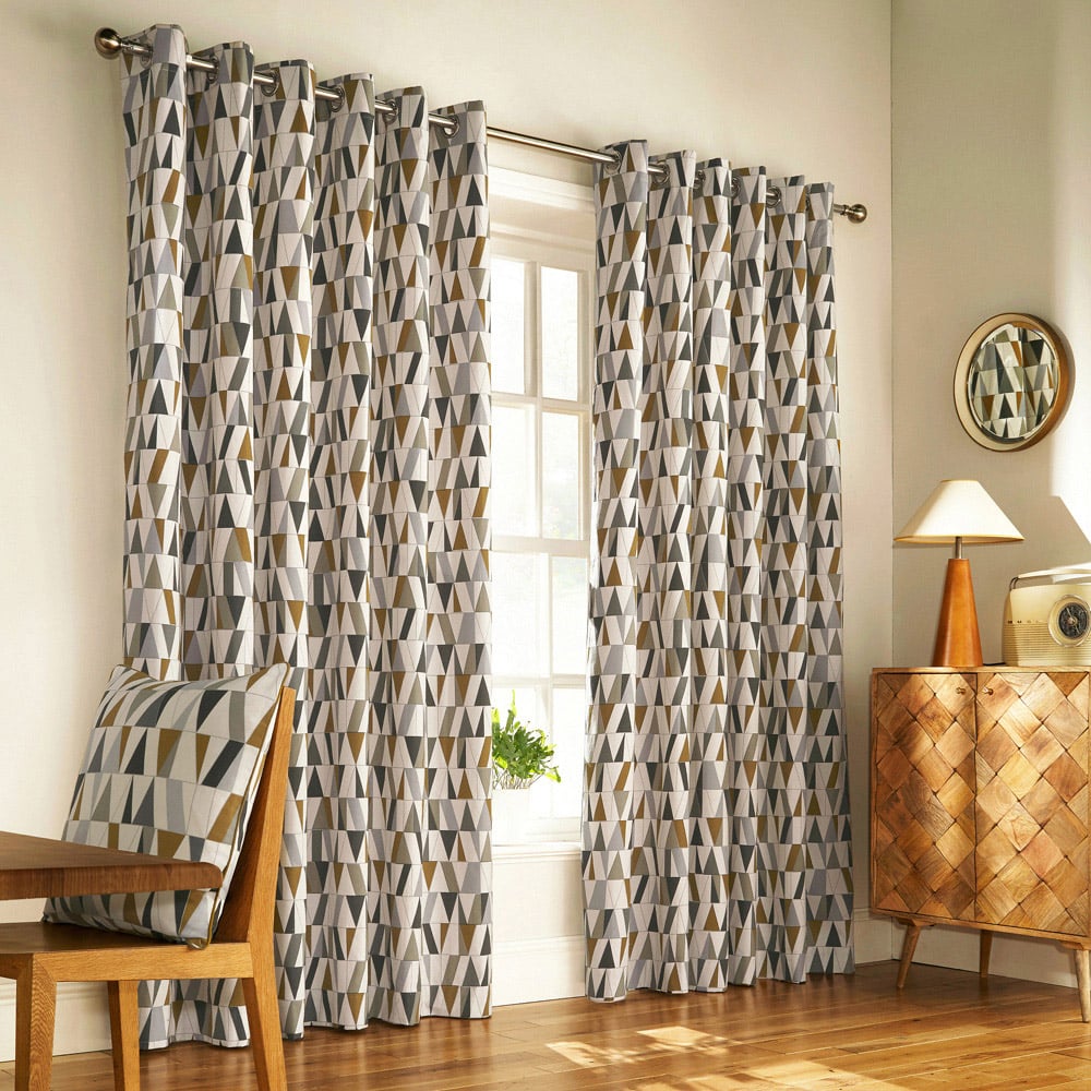furn. Reno Charcoal and Gold Geometric Eyelet Curtain 168 x 229cm Image 1