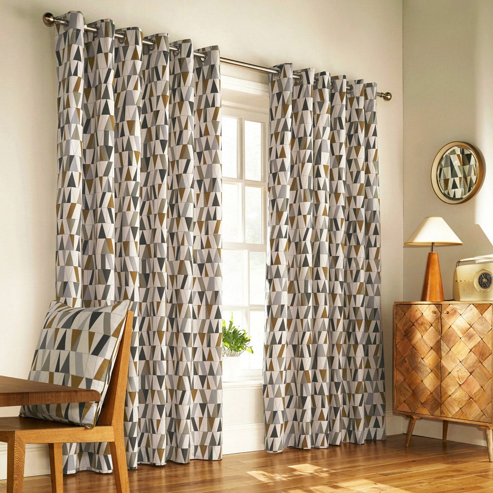 furn. Reno Charcoal and Gold Geometric Eyelet Curtain 229 x 168cm Image 1