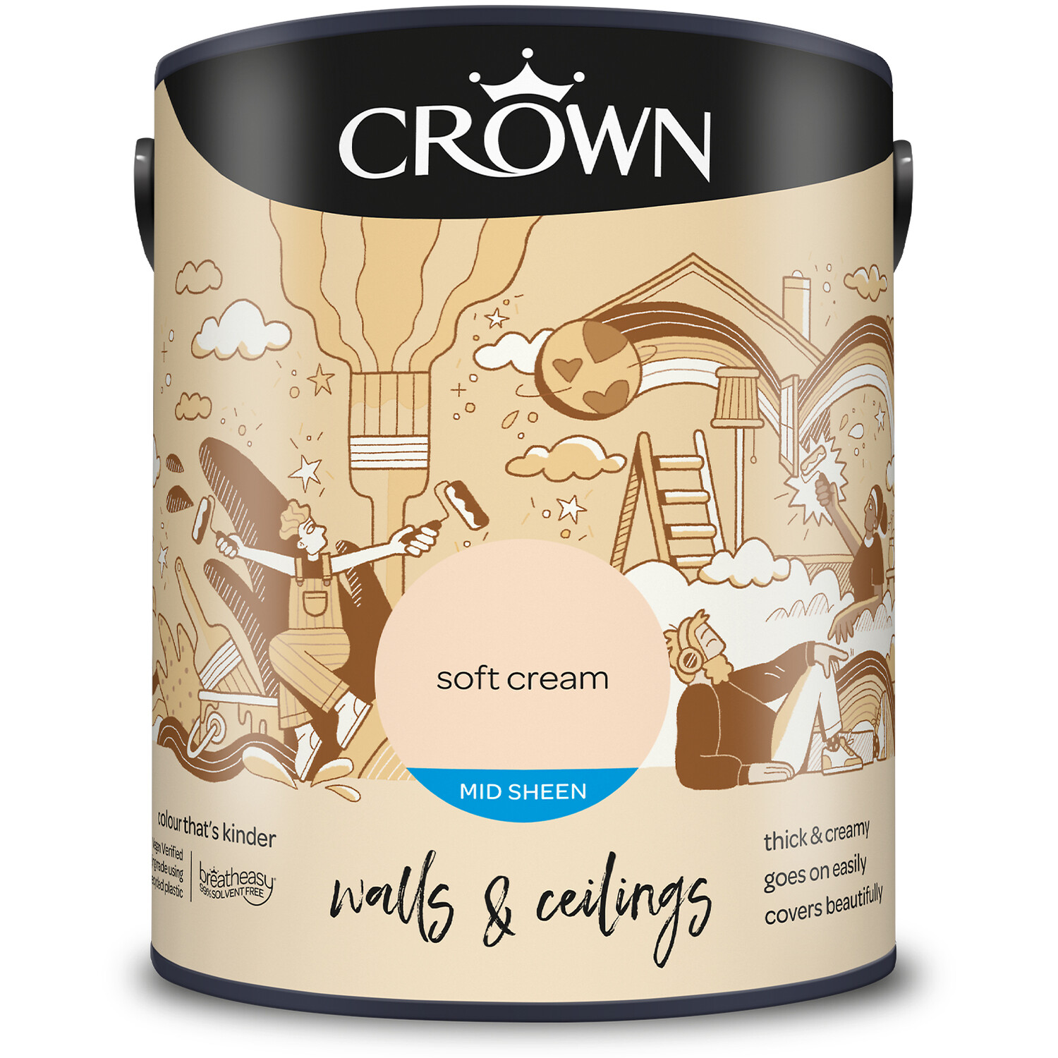 Crown Walls & Ceilings Soft Cream Mid Sheen Emulsion Paint 5L Image 2