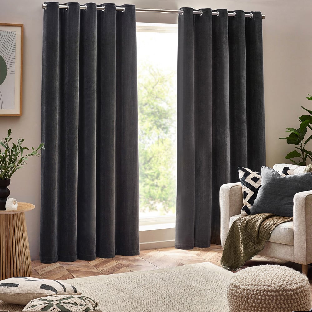 Yard Charcoal Heavy Chenille Velvet Eyelet Curtain 229 x 183cm Image 1