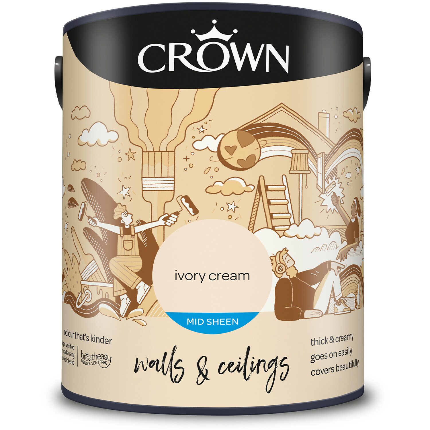 Crown Walls & Ceilings Ivory Cream Mid Sheen Emulsion Paint 5L Image 2