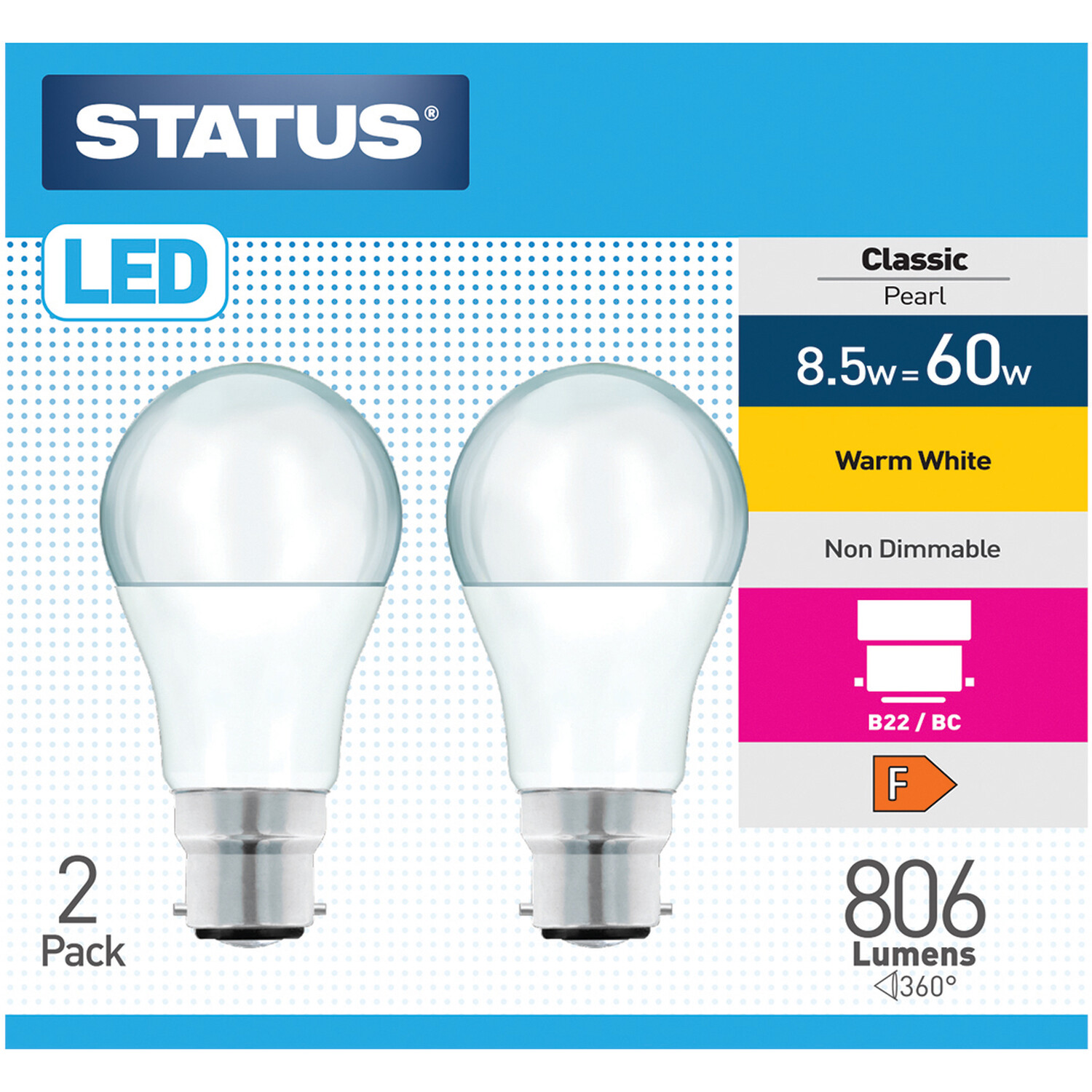 Pack of 2 Status LED Classic Pearl 8.5W Lightbulbs - Bayonet Cap / BC Image 1