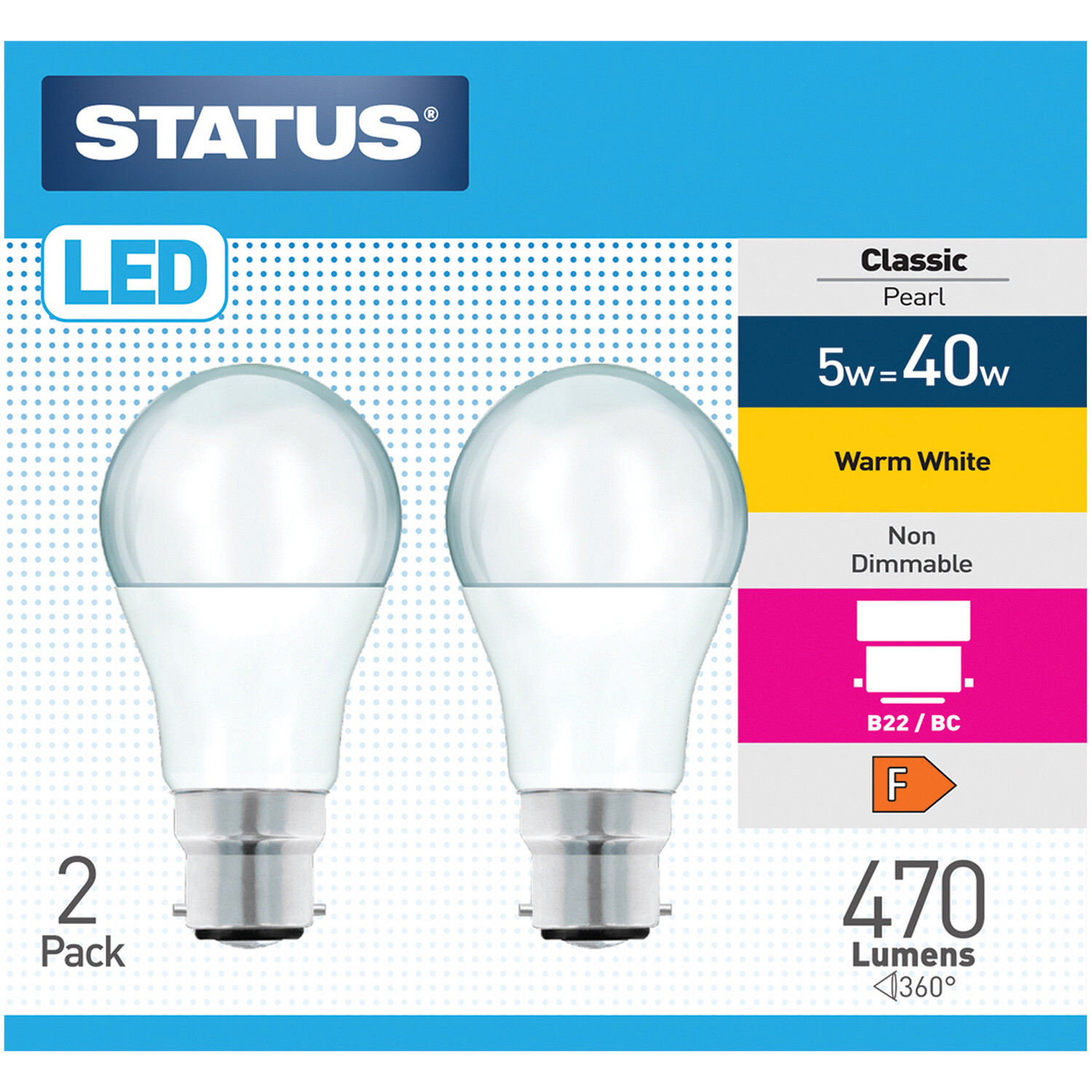 Pack of 2 Status LED 5W Classic Pearl Lightbulbs - Bayonet Cap / BC Image 1