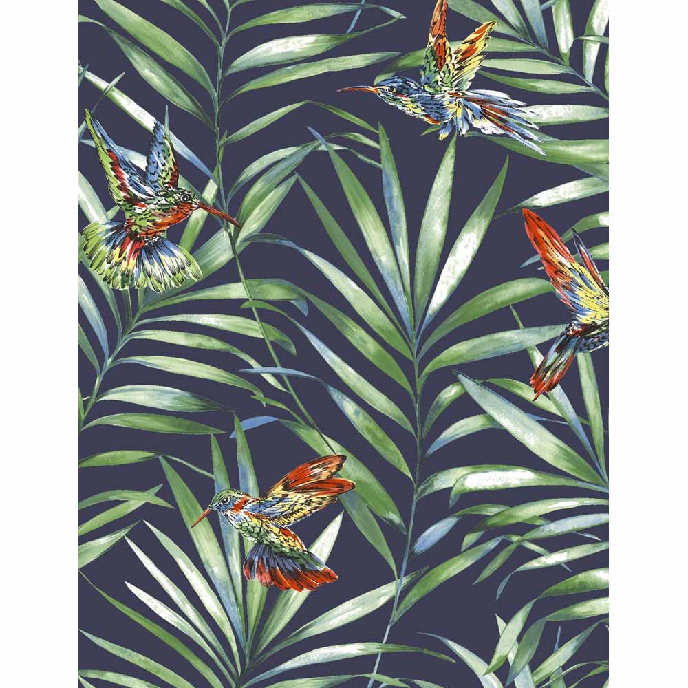 Fresco Hummingbird Navy Tropical Floral Wallpaper Image 1