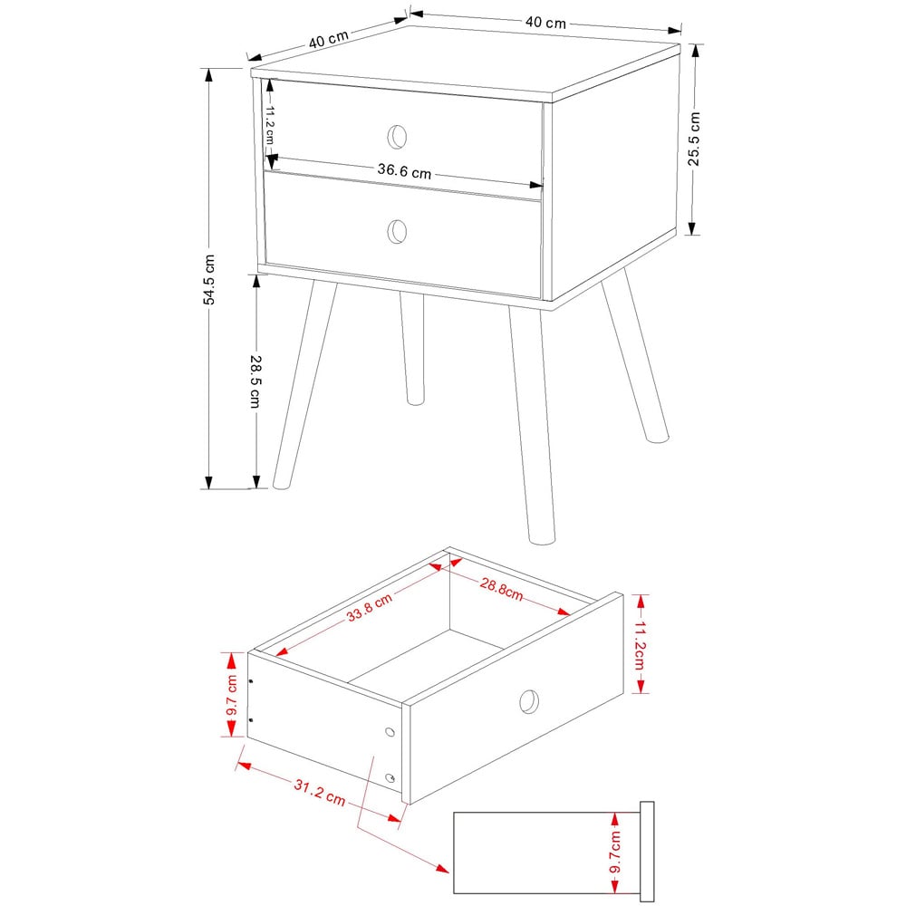 Scandia 2 Drawer Light Grey Tapered Legs Bedside Table Image 8