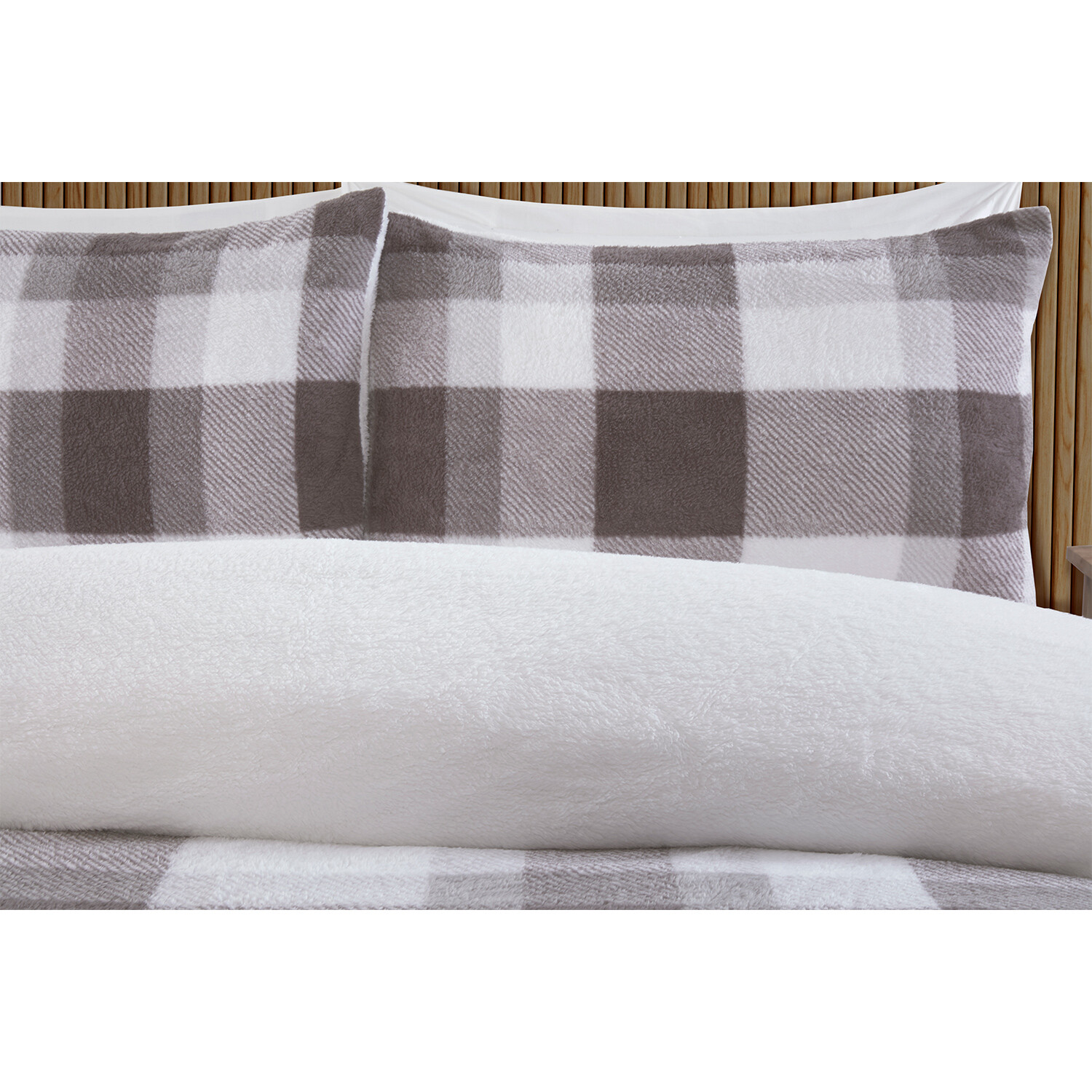 Teddy Fleece Printed Check Duvet Set - Grey / Double Image 2