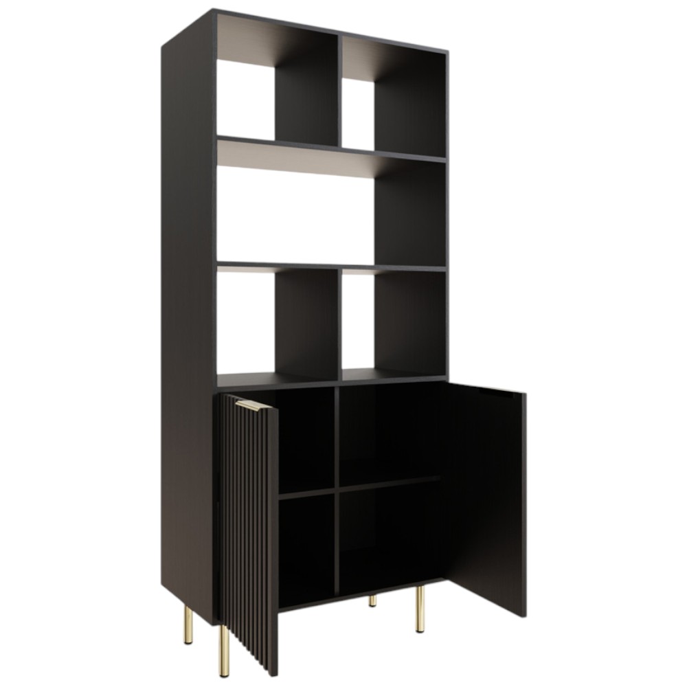 GFW Nervata 2 Door 5 Shelf Black and Gold Ribbed Tall Shelving Unit Image 4