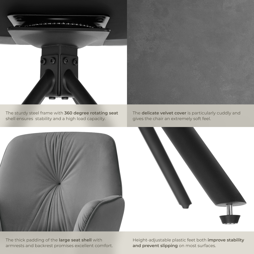 tectake Lenia Set of 2 Anthracite and Black Velvet Look Padded Swivel Chair Image 5