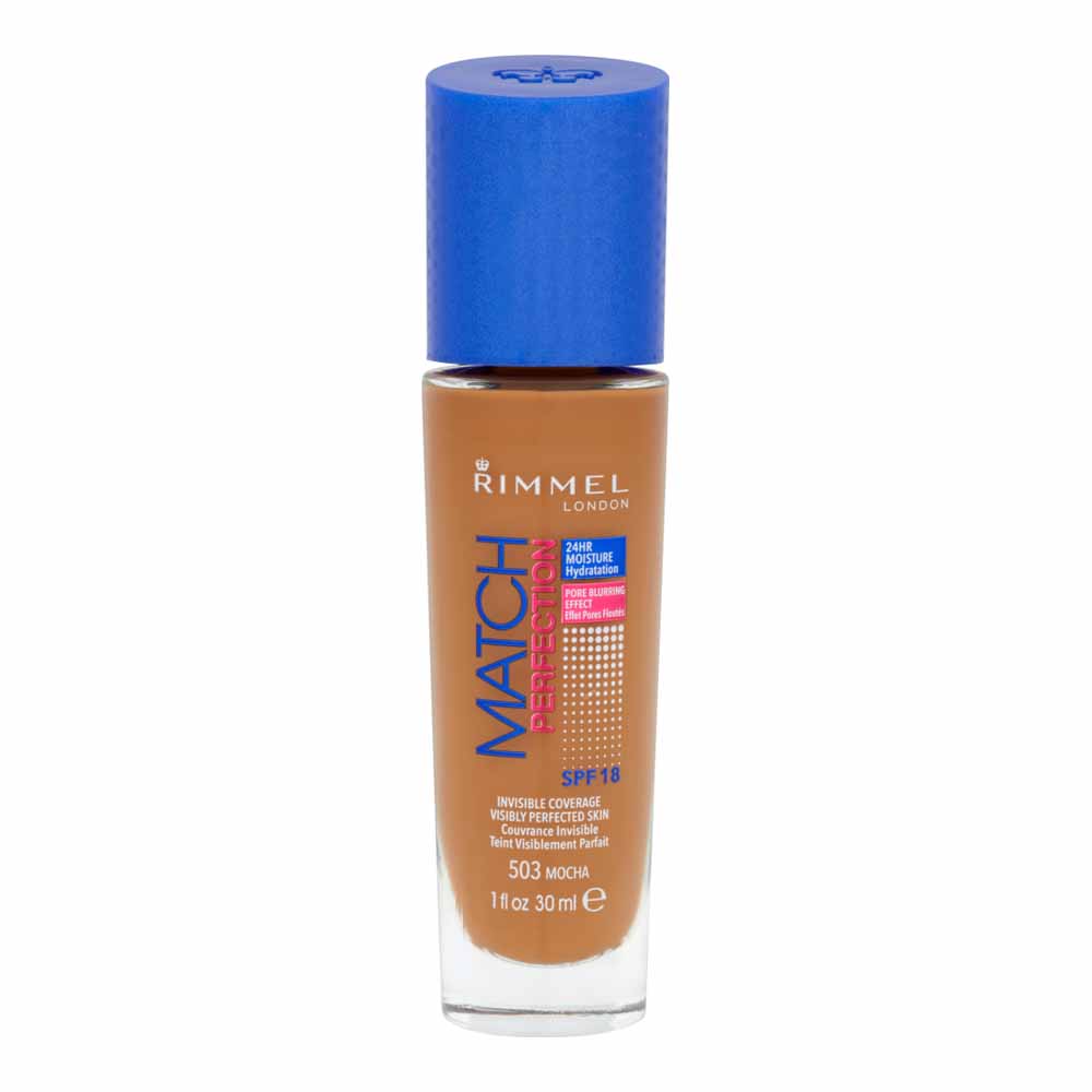 Rimmel Match Perfection Liquid Foundation Mocha 30ml  - wilko Get flawless-looking skin with Match Perfection Foundation. Each shade is matched by skin tone to make it easier for you to find your perfect shade. Using smart-tone technology, this foundation combines finely dispersed pigments that create natural-looking shades which reduce imperfections, pores and dark circles. 24 hour moisture complex leaves skin feeling soft and hydrated. Rimmel Match Perfection Liquid Foundation Mocha 30ml