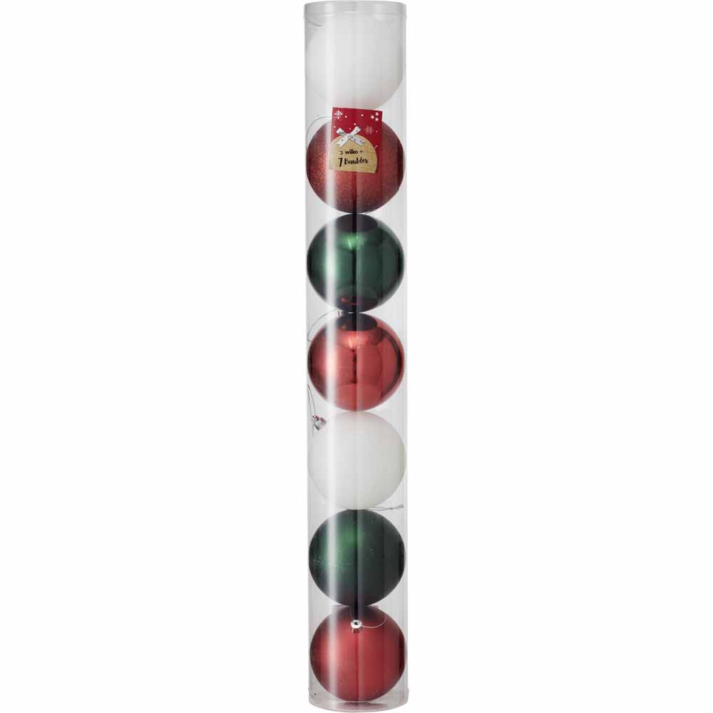 Wilko Traditional 7 Pack Mix Colour Christmas Bauble Image 1