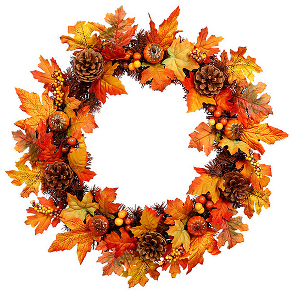 Living and Home Artificial Maple Leaf Wreath with Pumpkins 60cm Image 1