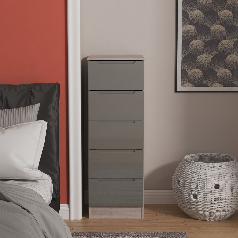 Crowndale Milan 5 Drawer Grey Gloss and Grey Oak Tall Bedside Cabinet Ready Assembled Image 7