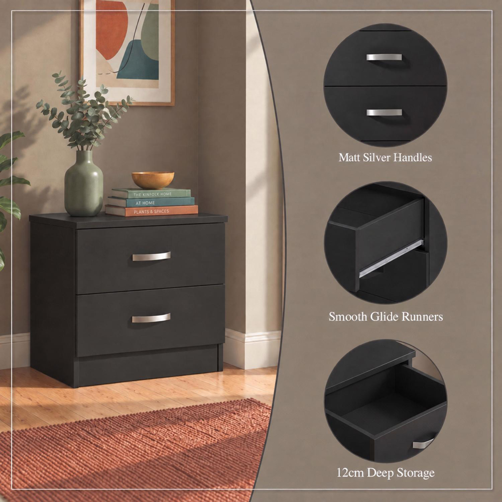 FWStyle Tunis 2 Drawer Matt Black Bedside Table Image 6