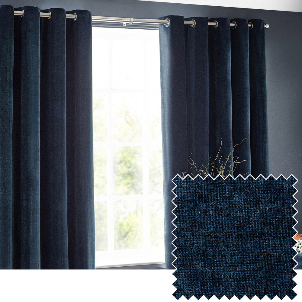 Yard Navy Heavy Chenille Velvet Eyelet Curtain 168 x 137cm Image 2