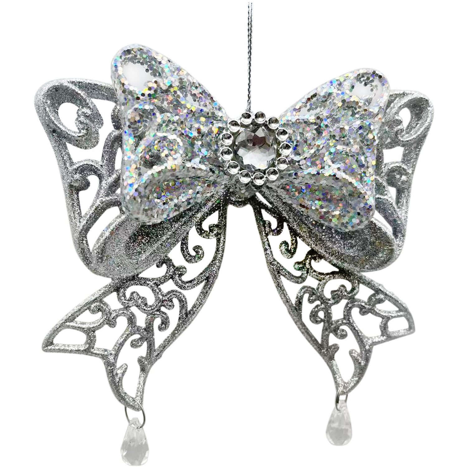 Frosted Fairytale Silver Hanging Jewelled Bow Ornament Image