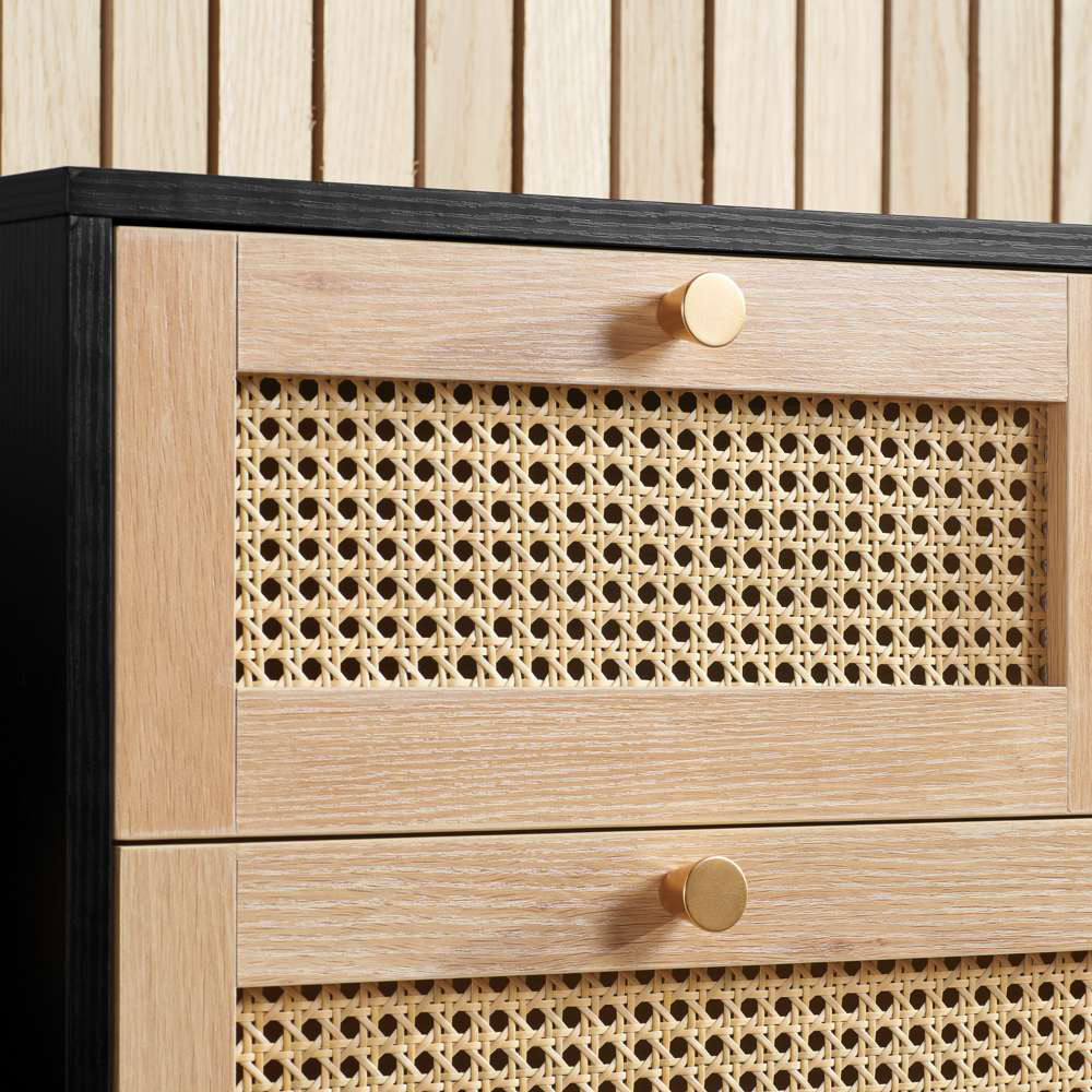 Croxley 5 Drawer Black and Oak Rattan Chest of Drawers Image 8
