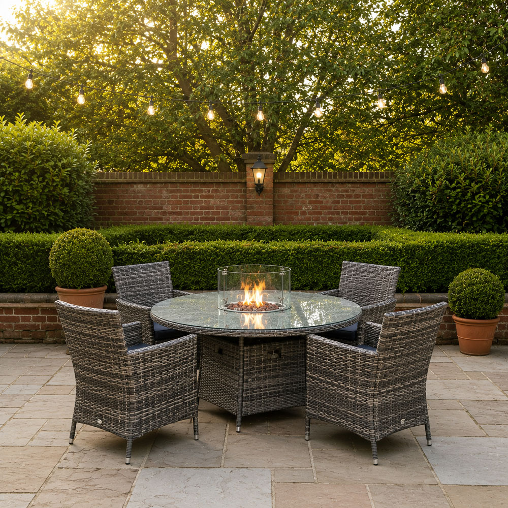 Outdoor Living 4 Seater Rattan Round Firepit Dining Set Image 9
