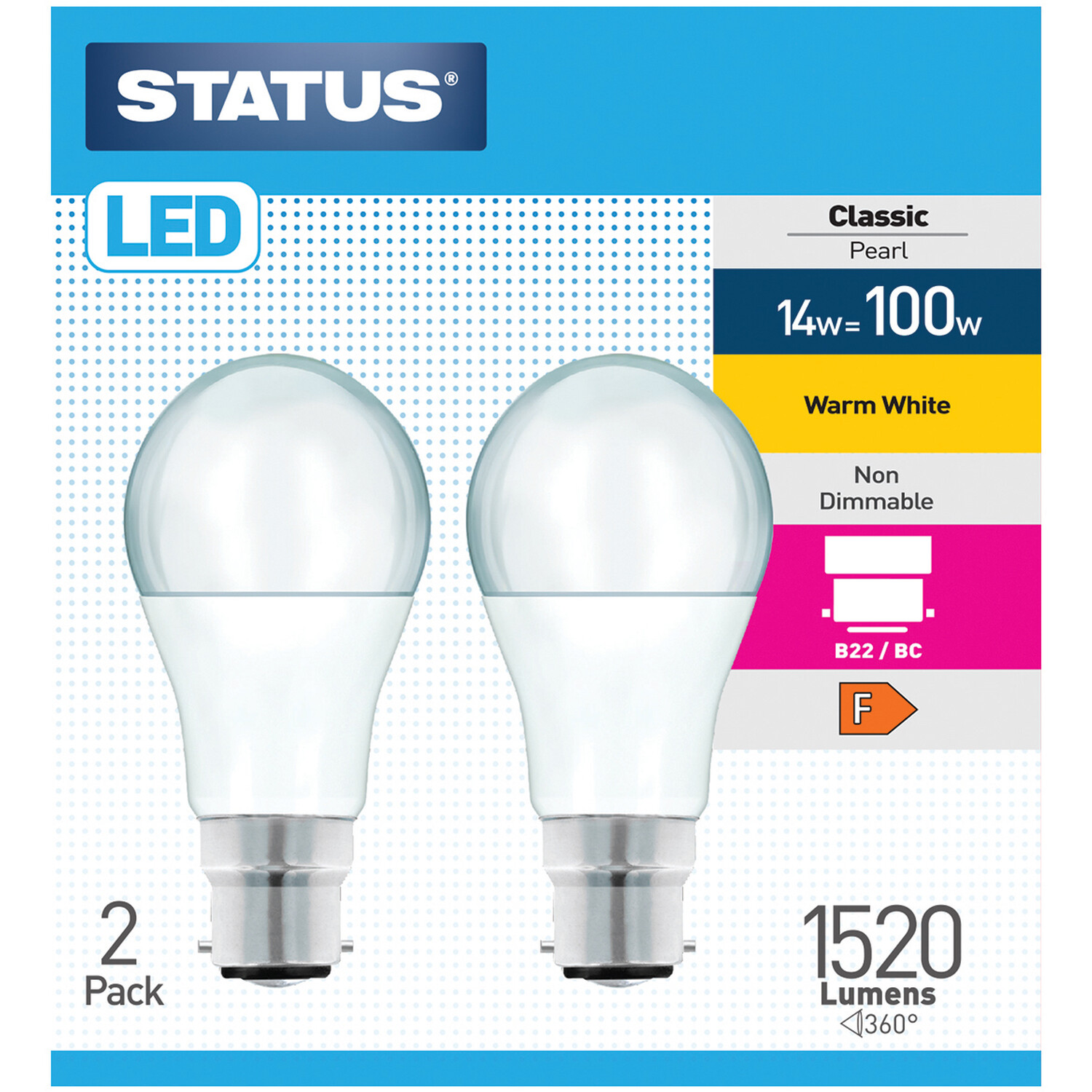 Pack of 2 Status LED 14W Non-Dimmable Classic Pearl Lightbulbs - Bayonet Cap / BC Image 1
