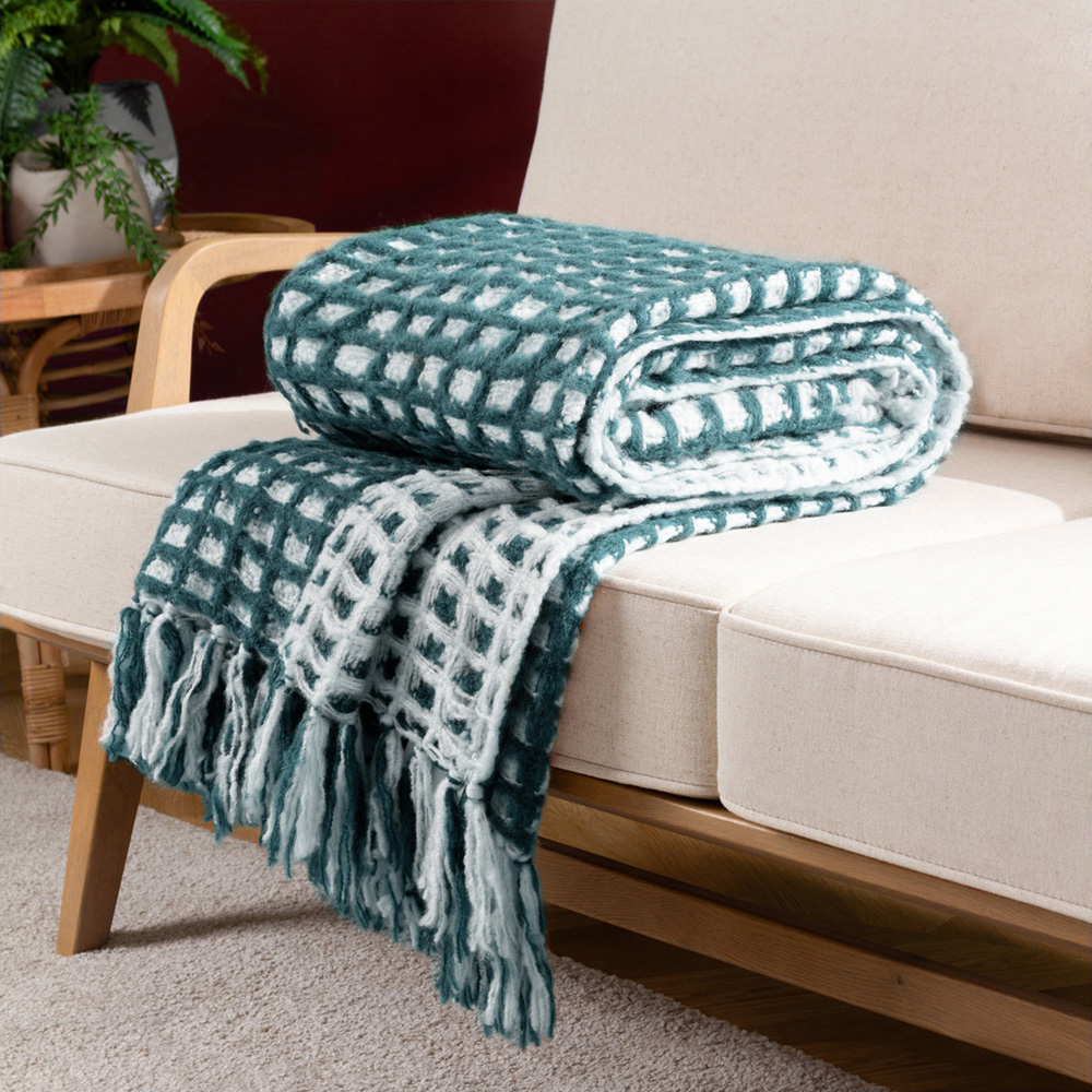 furn. Toasty Teal Waffle Throw 130 x 180cm Image 2