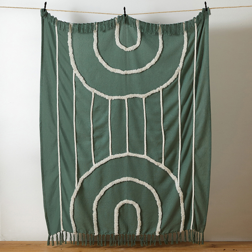 furn. Rainbow Sage Green Tuft Tasselled Throw 130 x 150cm Image 2