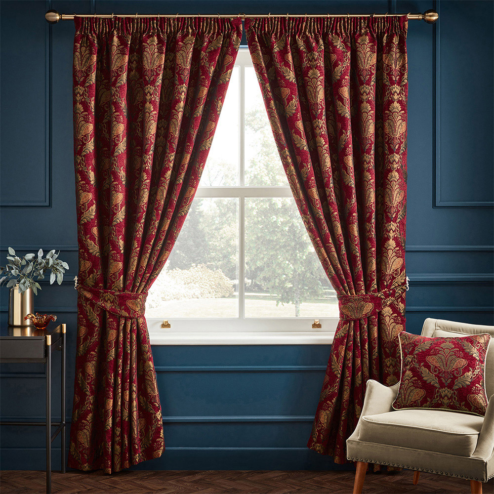 Paoletti Shiraz Burgundy and Brown Floral Jacquard Pencil Pleat Curtain 168 x 229cm Image 1