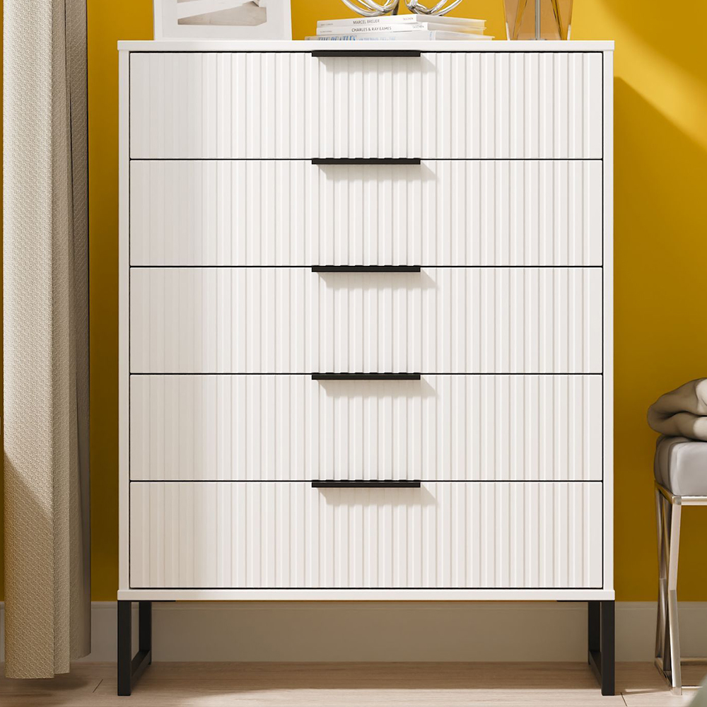 Crowndale Fluted 5 Drawer White Matt Chest of Drawers Ready Assembled Image 1