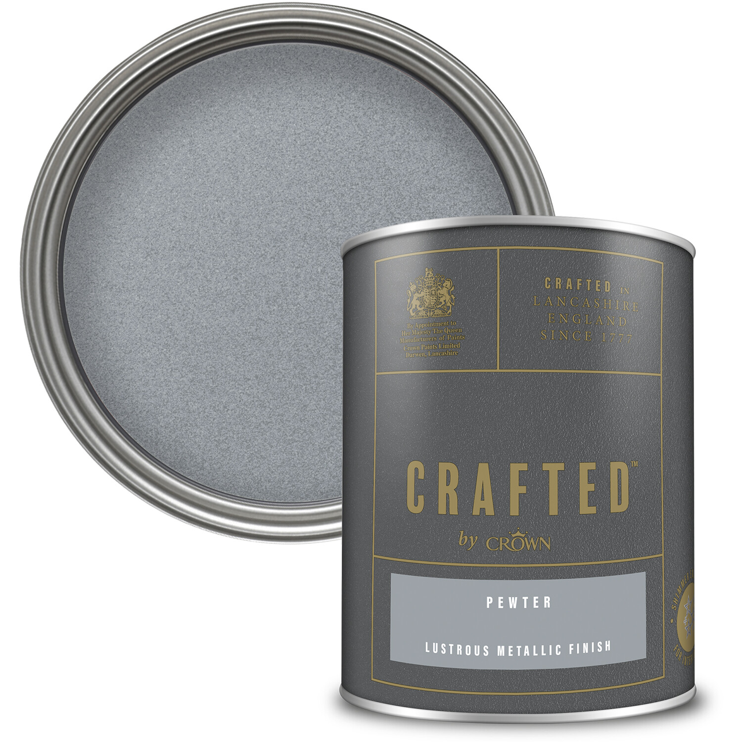 Crown Crafted Walls Wood and Metal Pewter Lustrous Metallic Shimmer Emulsion Paint 1.25L Image 1