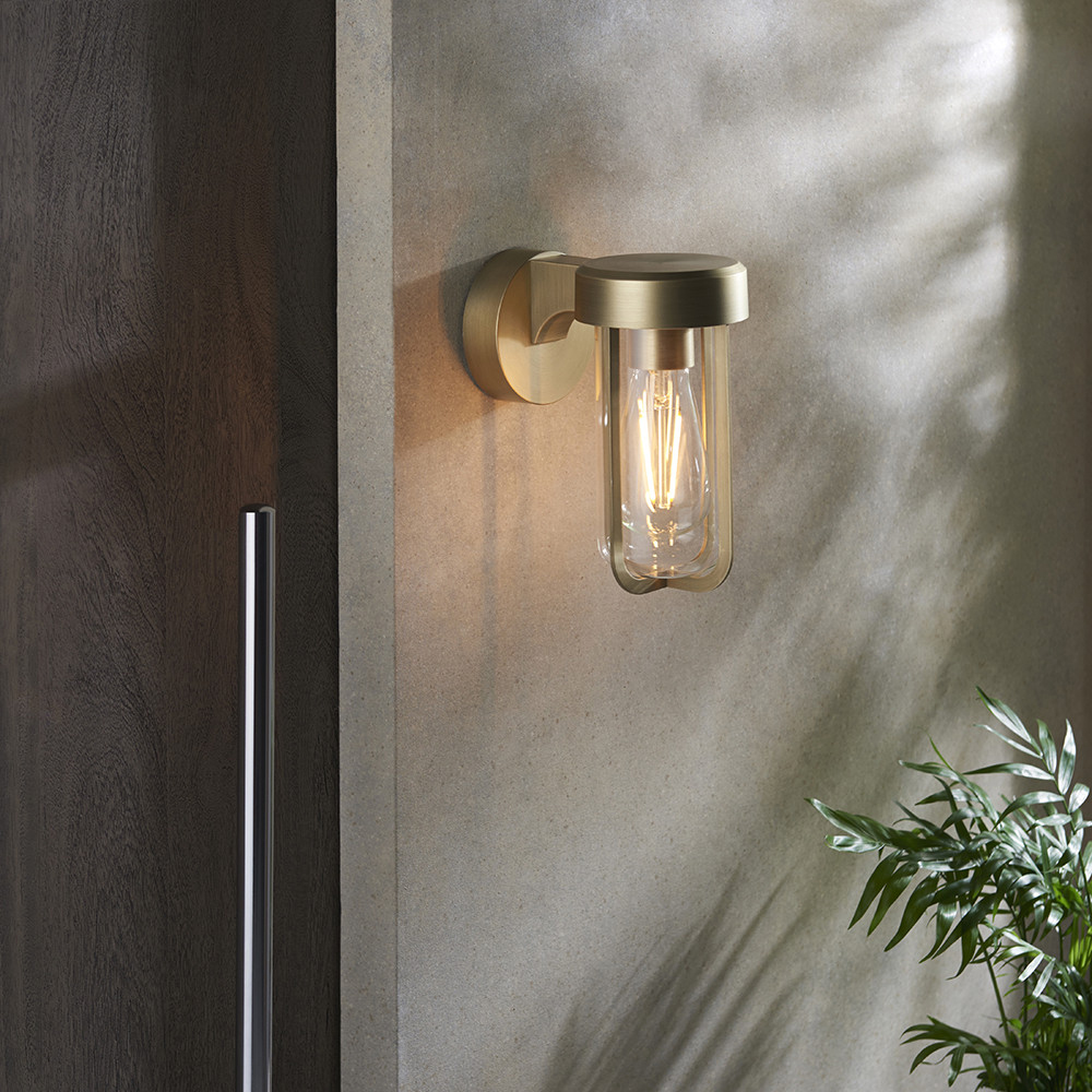 Merano Benevento Clear Glass Shade Brushed Gold Outdoor Wall Lamp Image 3