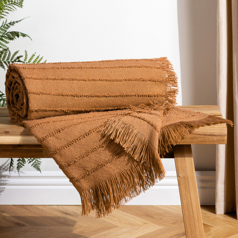 furn. Hazie Cinnamon Woven Fringed Throw 130 x 180cm Image 2