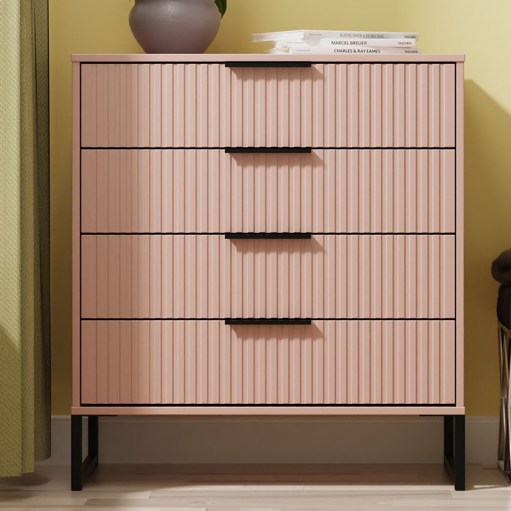 Crowndale Fluted 4 Drawer Kobe Pink Chest of Drawers Ready Assembled Image 1