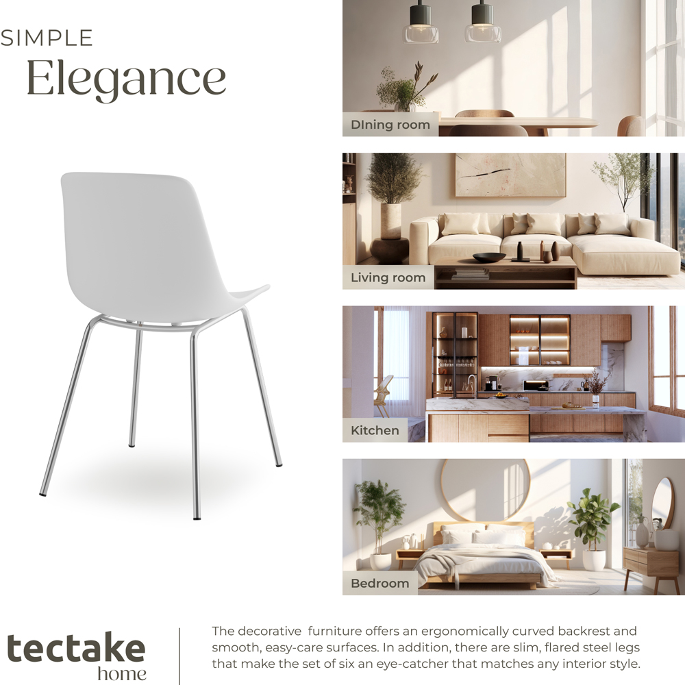 tectake Mave Set of 6 White and Chrome Dining Chair Image 5
