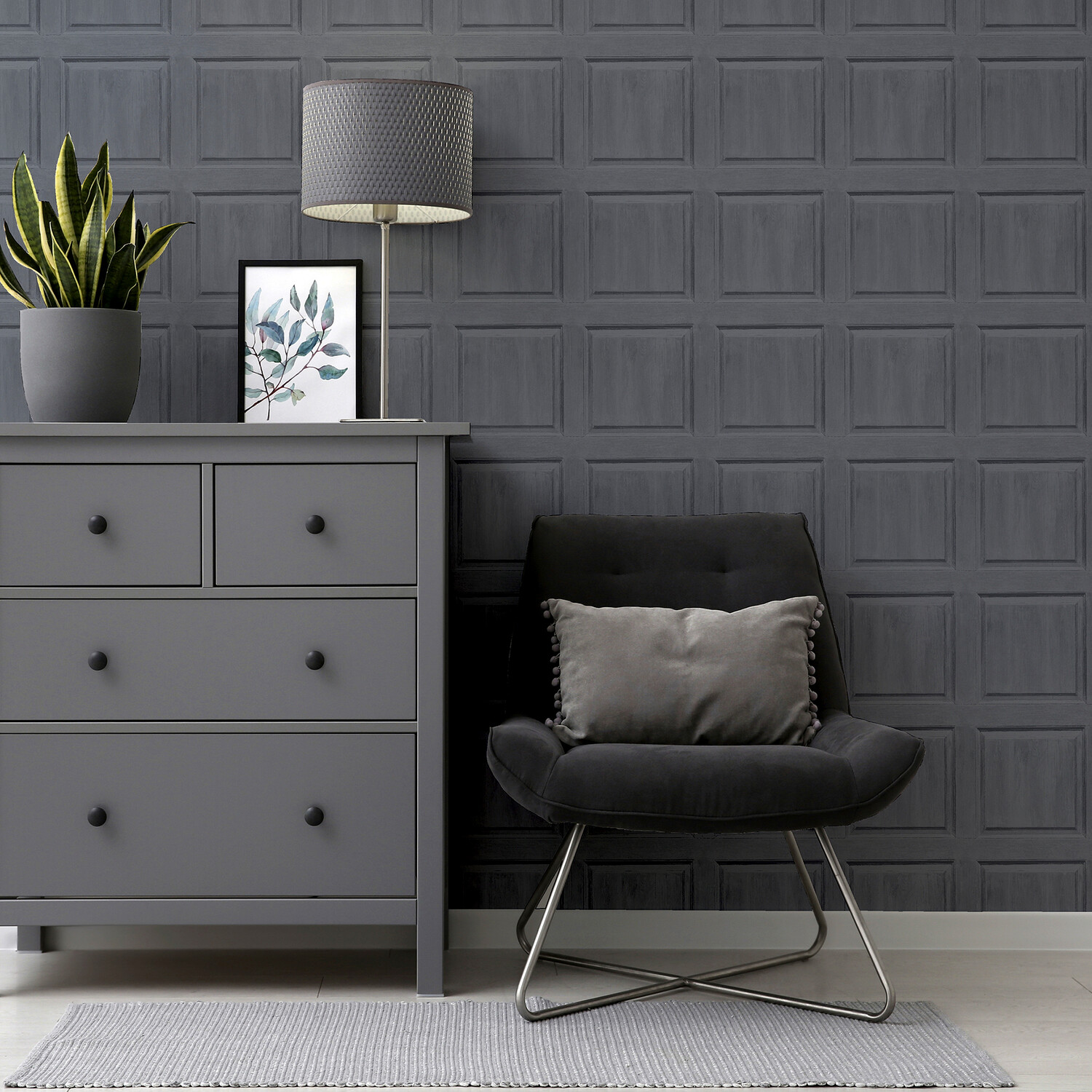 Washed Panelled Wallpaper - Charcoal Image 3