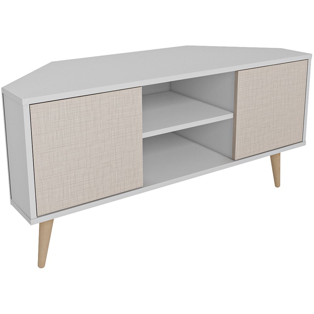 Decorotika Lesson 2 Door 2 Shelf White and Beige Corner TV Stand Image 2