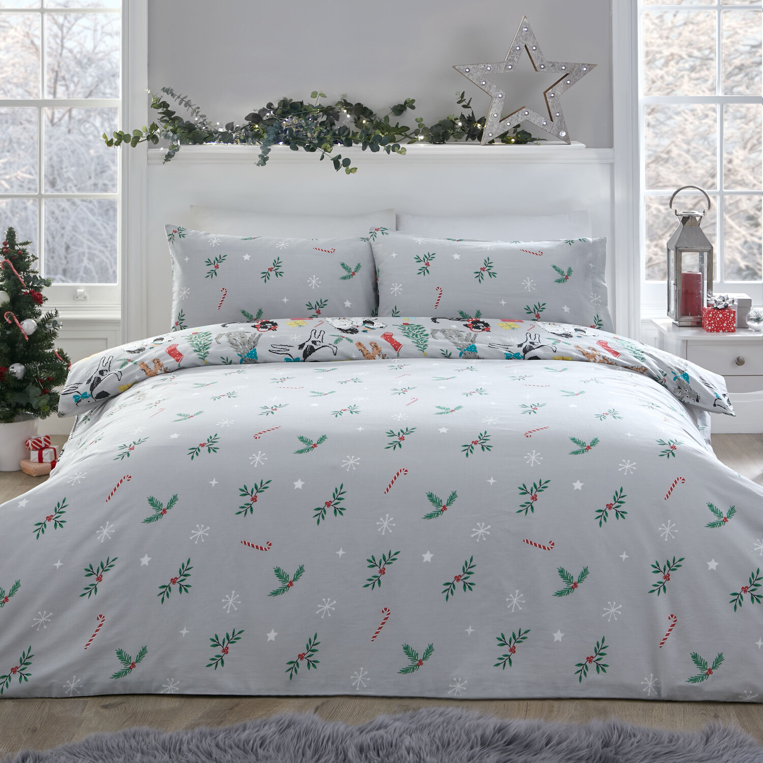 Pawfect Christmas Duvet Cover and Pillowcase Set  - Grey / Single Image 1