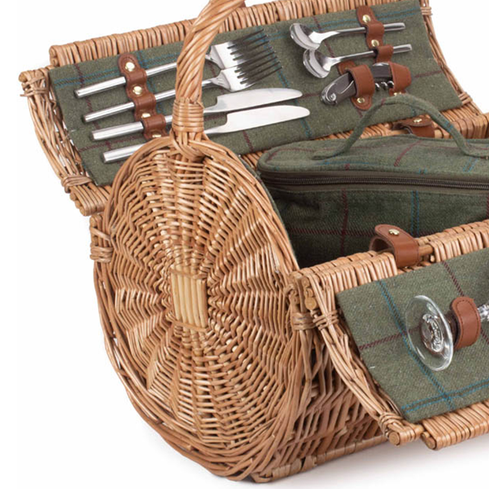 Red Hamper 2 Person Green Tweed Barrel Wicker Picnic Basket Image 2