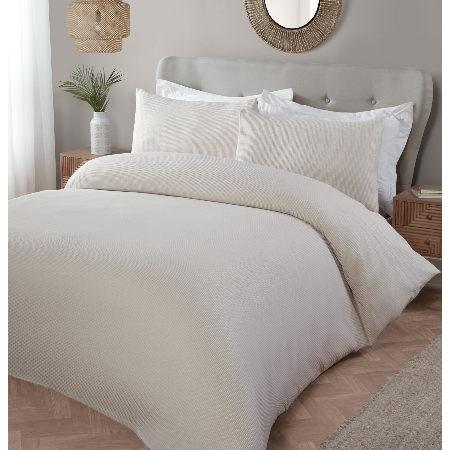 My Home Malvern Waffle King Size Natural Duvet Cover and Pillowcase Set Image 2