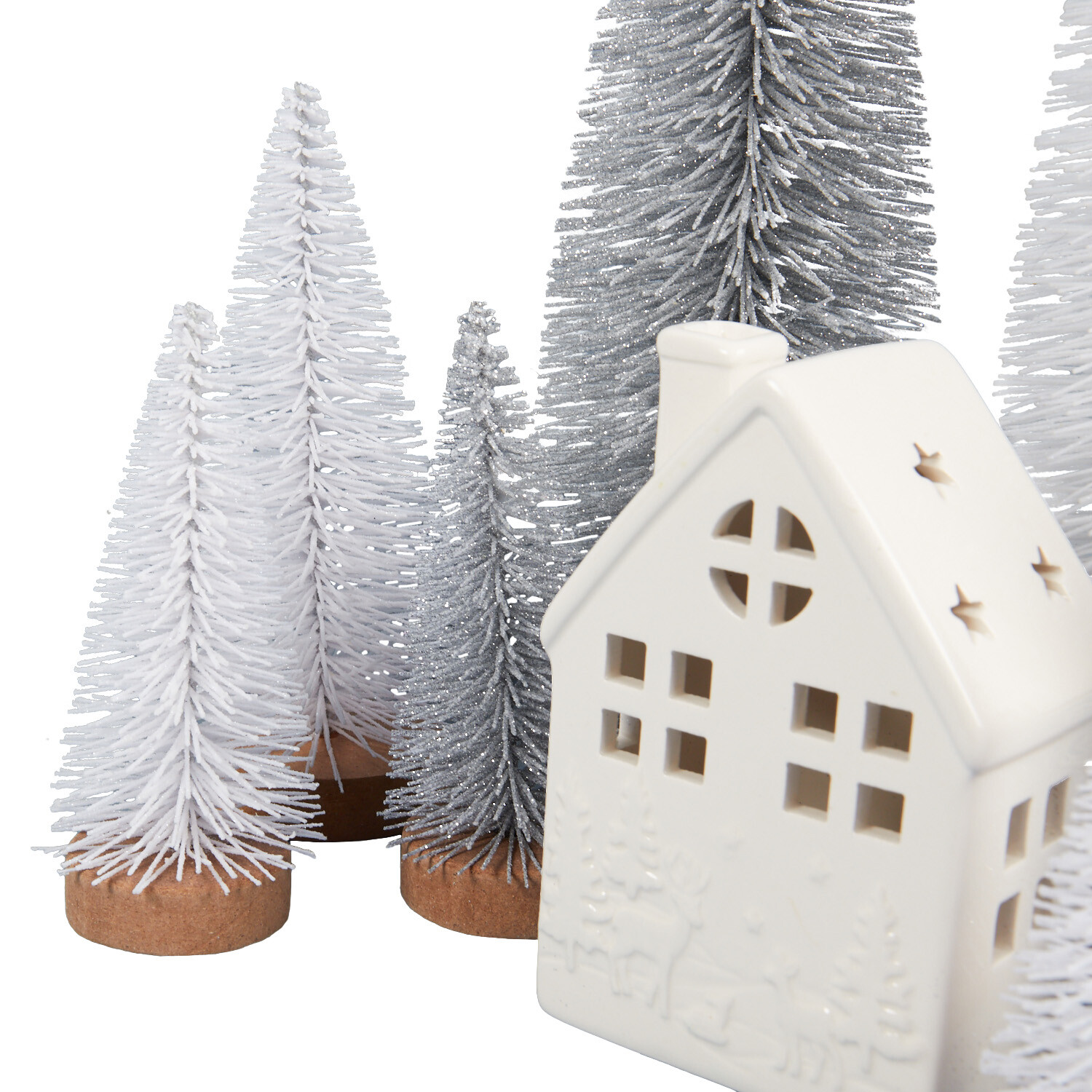 Silver and White LED Ceramic House and Tree Set - Silver and White Image 4