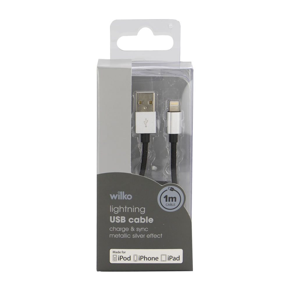 Wilko 1 metre Silver Lightning Cable Suitable for iPods, iPhones and iPad Image 1