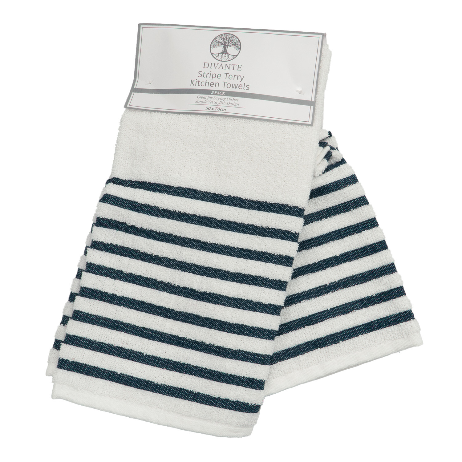 Pack of 2 Striped Terry Kitchen Towels - White & Navy Image 3
