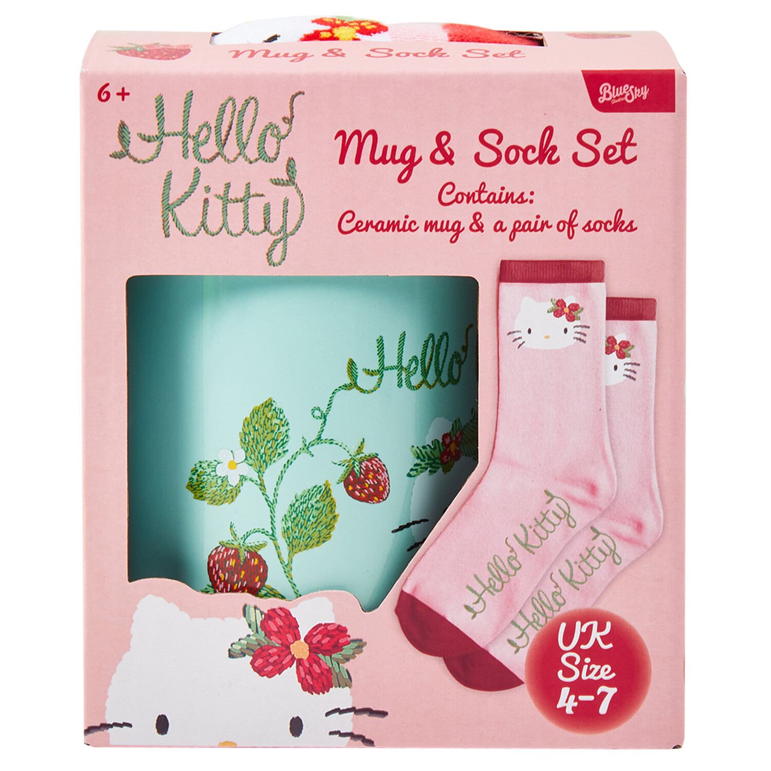 Strawberry Hello Kitty Mug and Sock Set Blue and Pink Image 1
