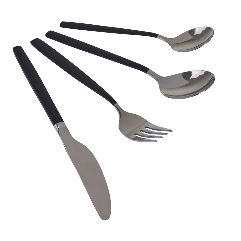 Wilko 16 piece Stainless Steel and Black Cutlery Set Image 1