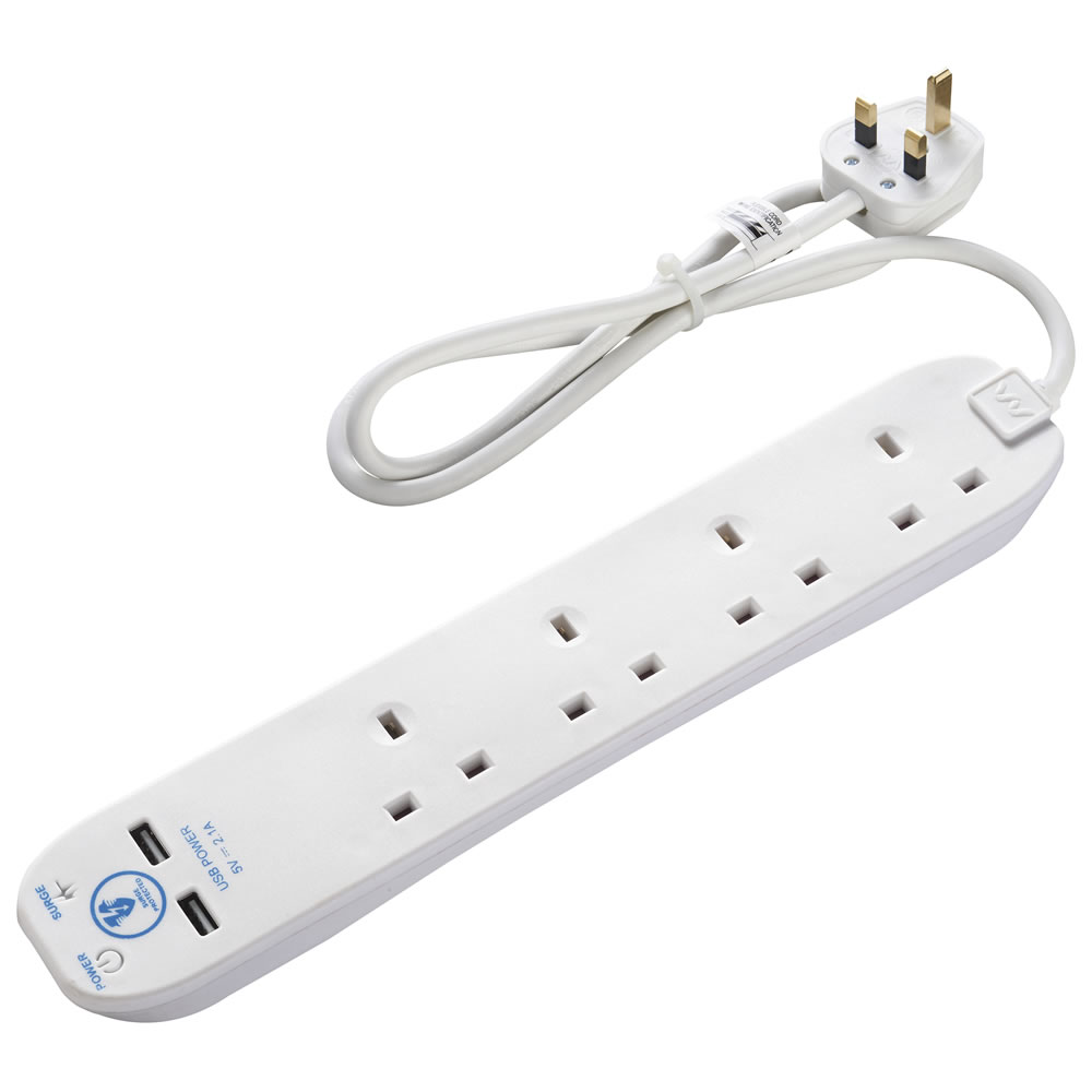 Wilko 1m 4 Gang White Extension Lead with USB Image 4